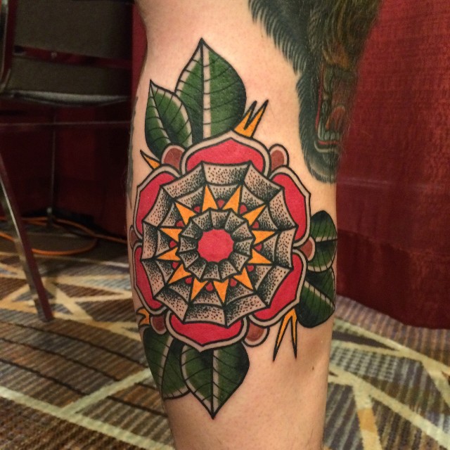 Traditional Flower Tattoo Design For Leg Calf By Myke Chambers