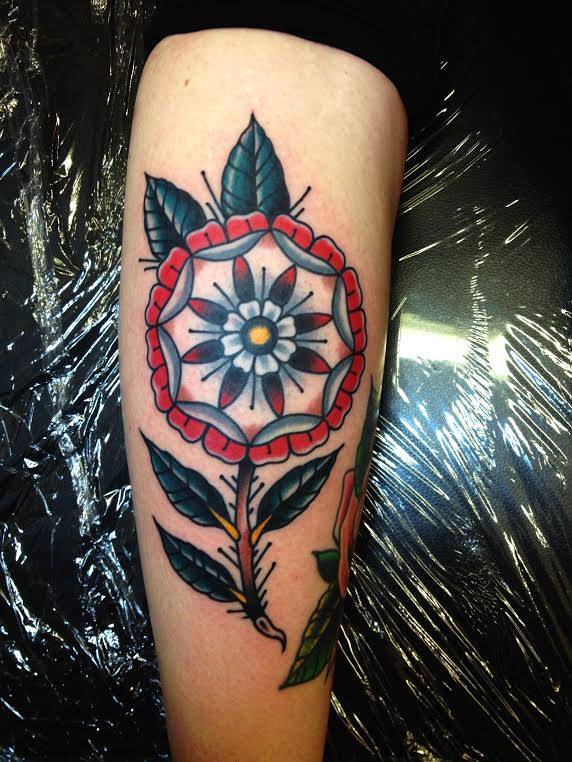 Traditional Flower Tattoo On Sleeve