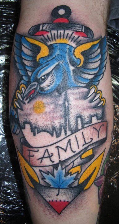 Traditional Flying Bird With Anchor And Banner Tattoo On Leg Calf By Sam Ricketts