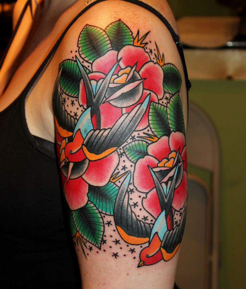 Traditional Flying Birds With Roses Tattoo On Women Left Half Sleeve By Myke Chambers