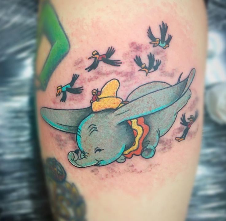 Traditional Flying Dumbo With Birds Tattoo On Leg Calf