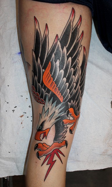 Traditional Flying Eagle Tattoo Design For Leg By Myke Chambers