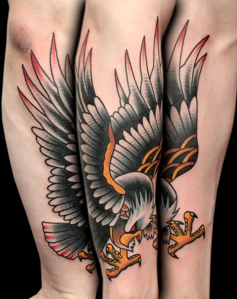 Traditional Flying Eagle Tattoo On Right Sleeve