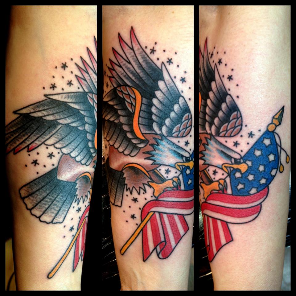 Traditional Flying Eagle With USA Flag Tattoo Design For Sleeve