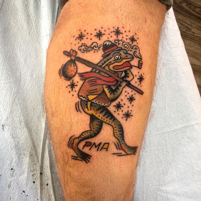 Traditional Frog Tattoo On Side Leg
