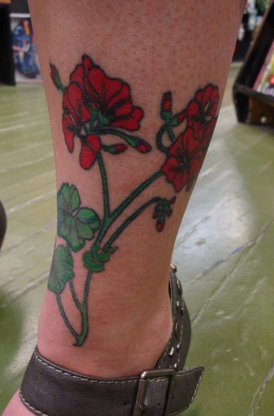 Traditional Geranium Flowers Tattoo On Left Leg