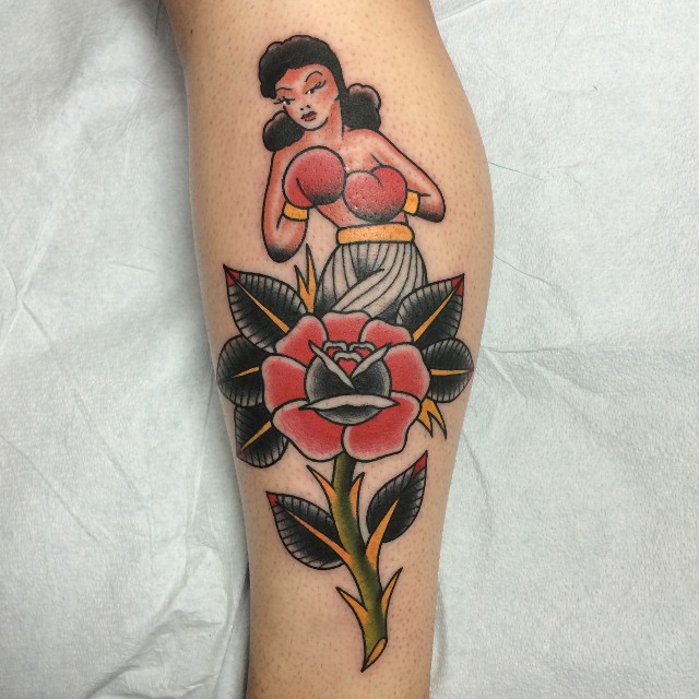 Traditional Girl With Rose Tattoo On Leg Calf