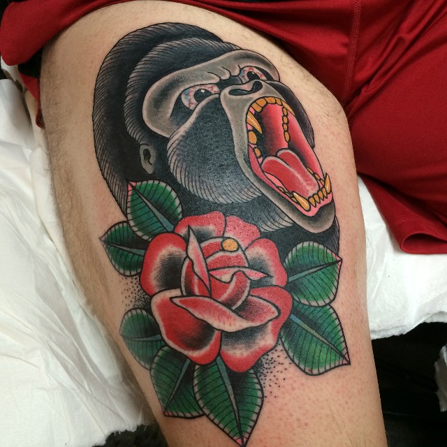 Traditional Gorilla Head With Rose Tattoo On Right Half Sleeve By Myke Chambers