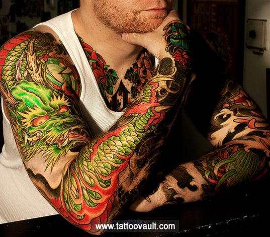 Traditional Green And Red Dragon Tattoo On Man Right Full Sleeve