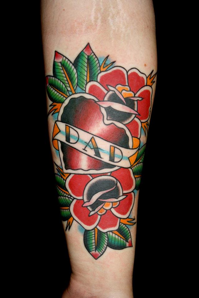 Traditional Heart With Roses And Banner Tattoo On Forearm
