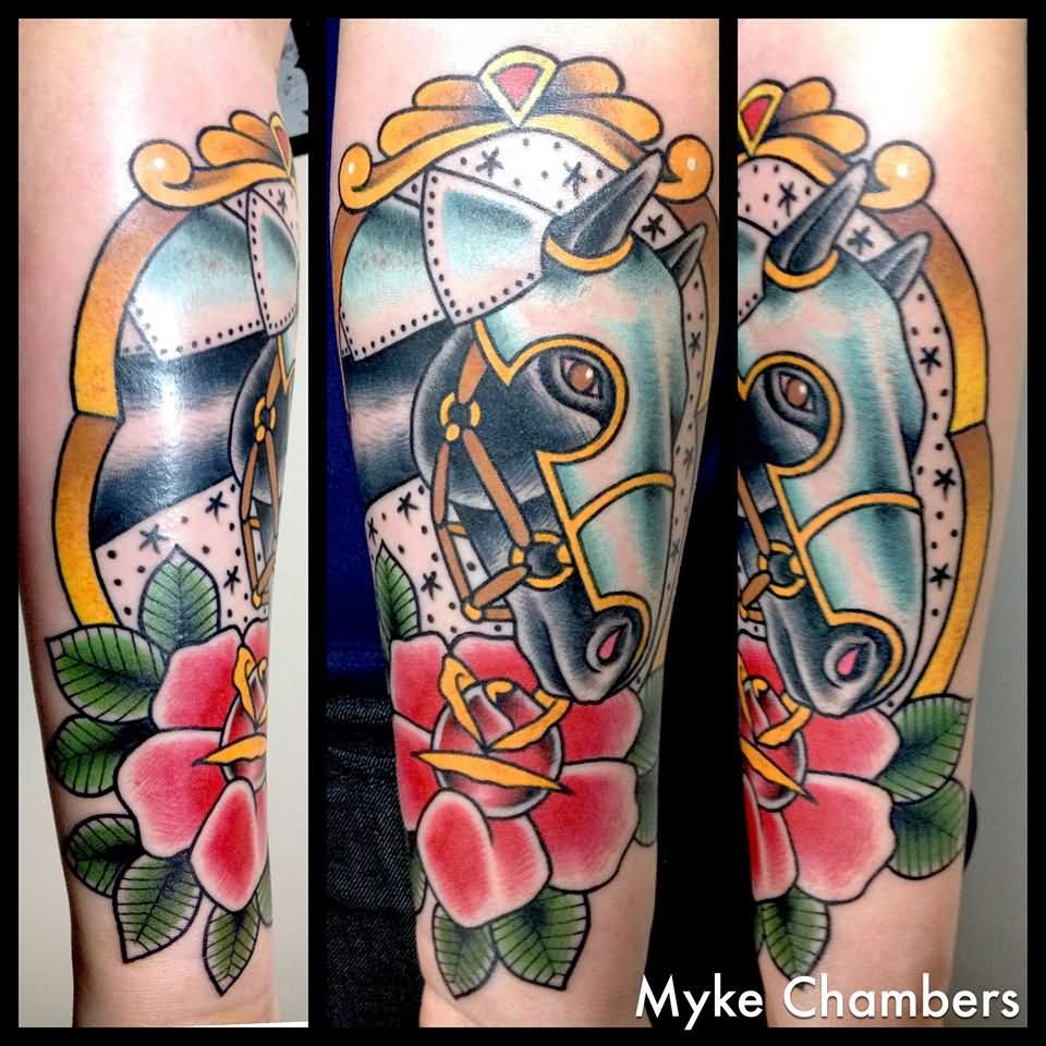 Traditional Horse Head With Rose Tattoo Design For Sleeve By Myke Chambers