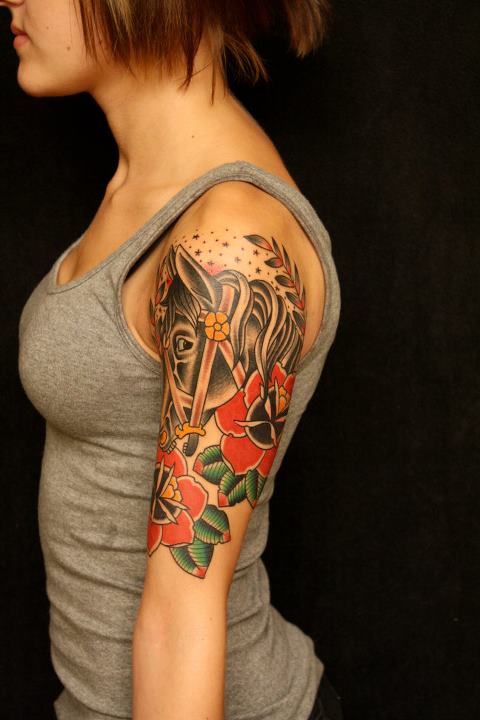 Traditional Horse Head With Roses Tattoo On Women Left Half Sleeve By Myke Chambers