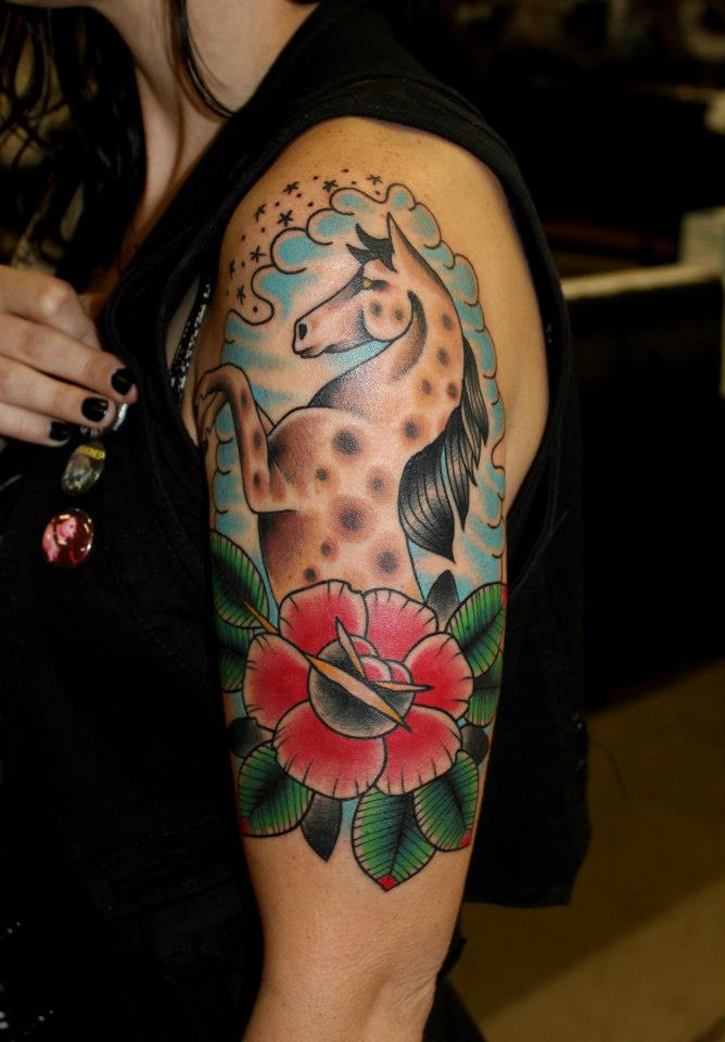 Traditional Horse With Rose Tattoo On Women Left Half Sleeve