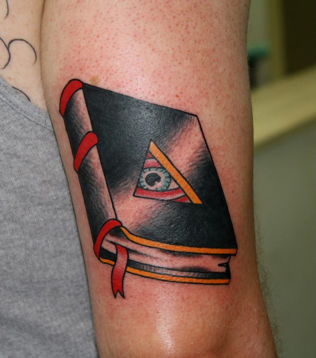 Traditional Illuminati Eye Book Tattoo On Right Half Sleeve By Myke Chambers