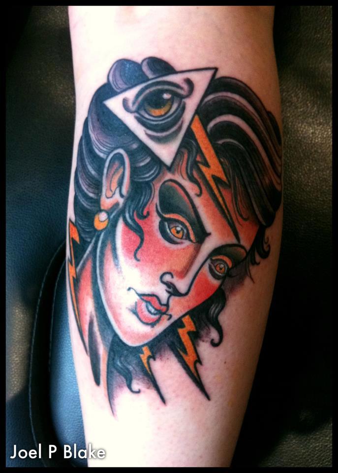 Traditional Illuminati Eye With Women Face Tattoo On Leg Calf