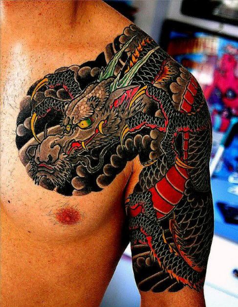 Traditional Japanese Dragon Tattoo On Man Left Shoulder