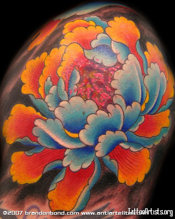 Traditional Japanese Peony Flower Tattoo Design For Shoulder