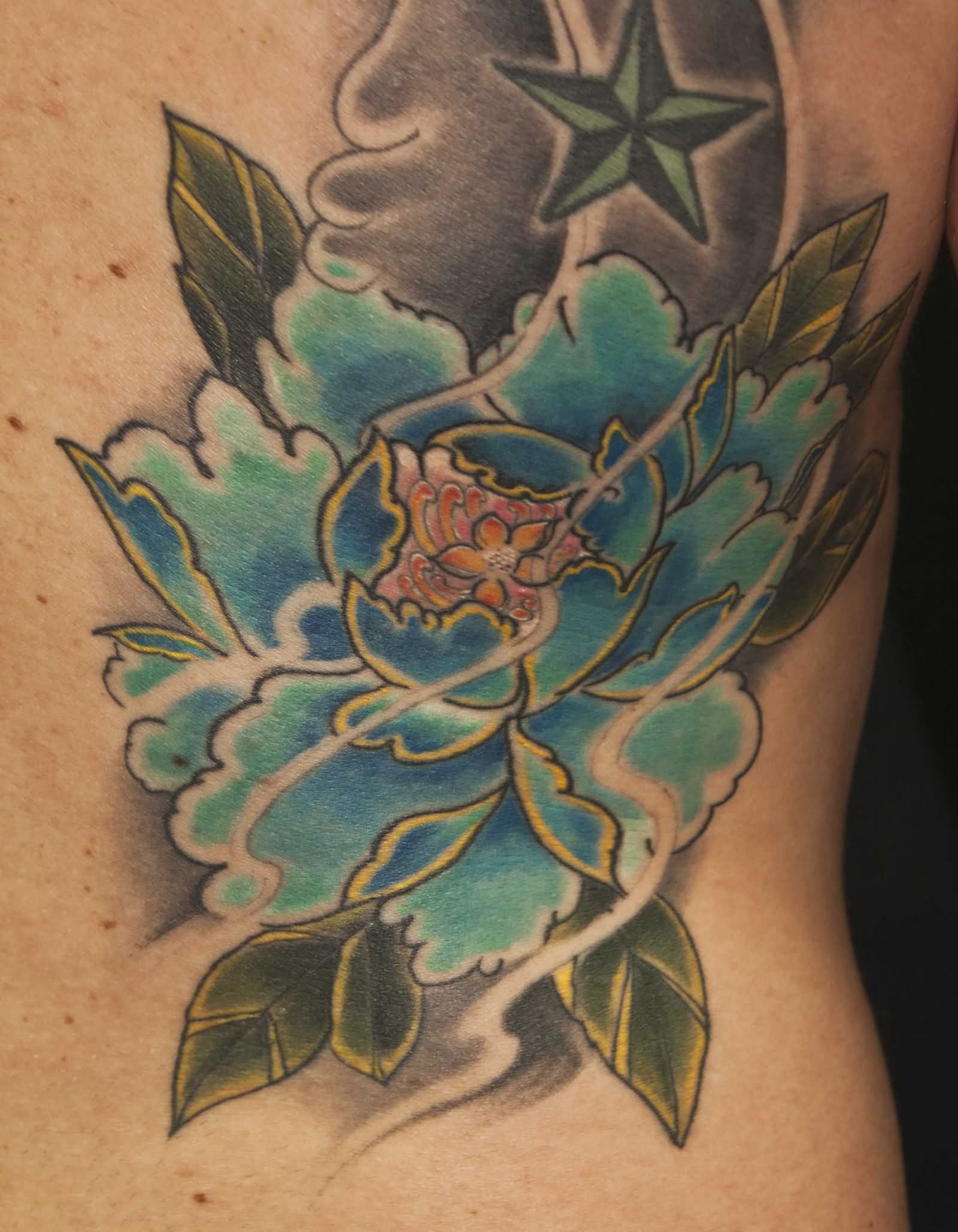 Traditional Japanese Peony Flower Tattoo On Left Side Rib