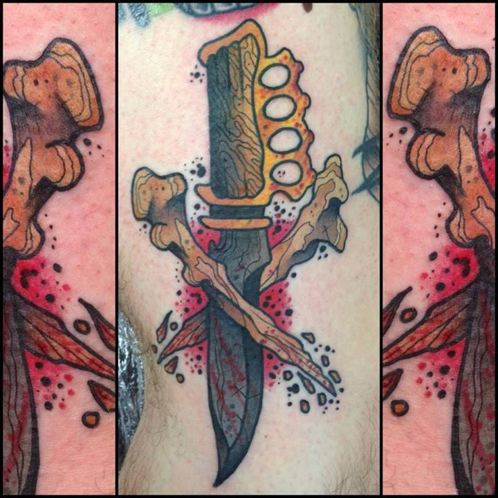 Traditional Knuckle Knife With Two Crossing Bones Tattoo On Left Half Sleeve