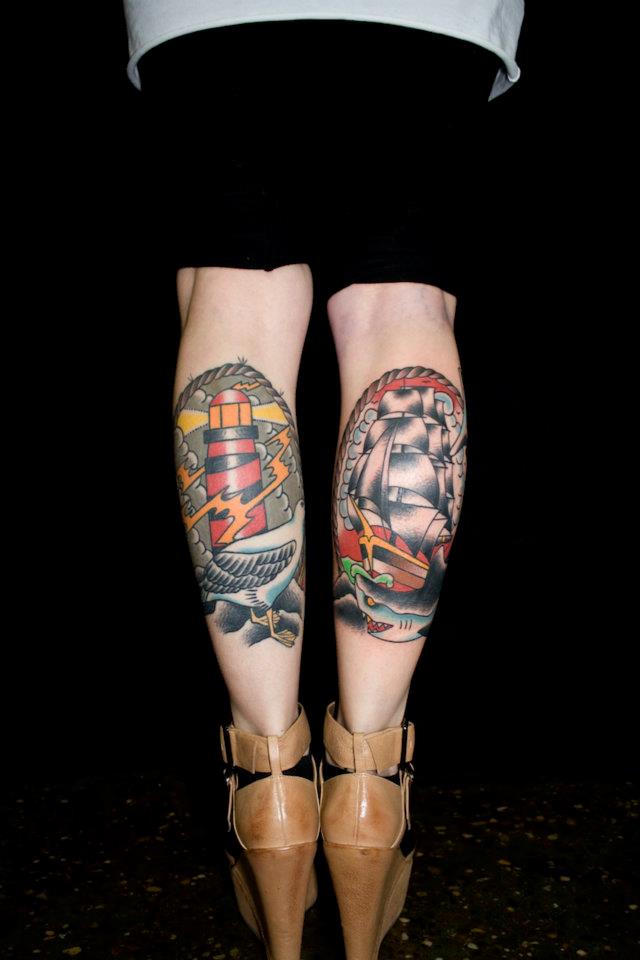 Traditional Lighthouse And Ship In Rope Frame Tattoo On Girl Both Leg Calf