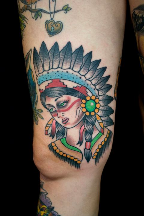 Traditional Native Girl Tattoo On Thigh By Myke Chambers