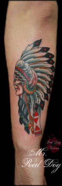Traditional Native Man Head Tattoo On Arm