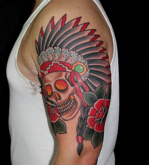 Traditional Native Skull Tattoo On Half Sleeve By Myke Chambers