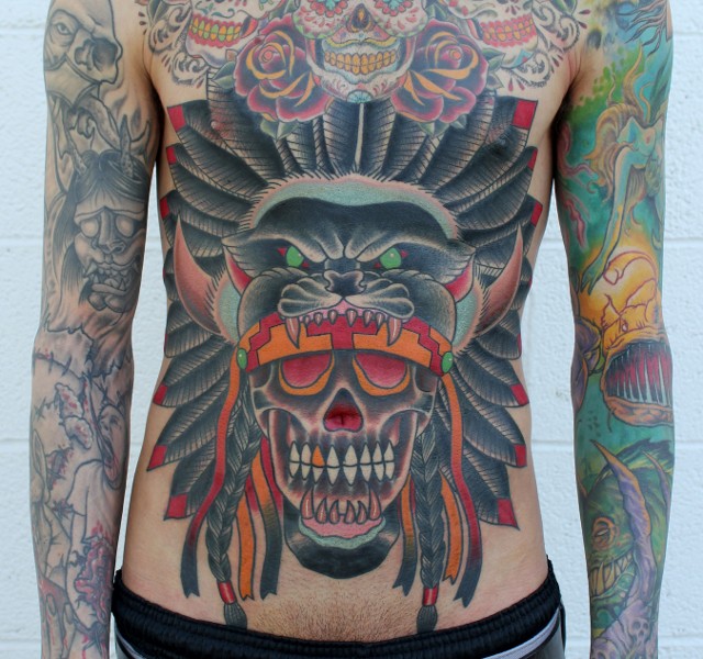 Traditional Native Skull Tattoo On Man Stomach
