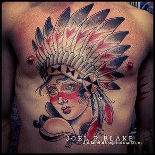 Traditional Native Women Head Tattoo On Man Chest By Joel P Blake