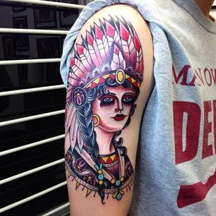 Traditional Native Women Tattoo On Right Half Sleeve By Sam Ricketts