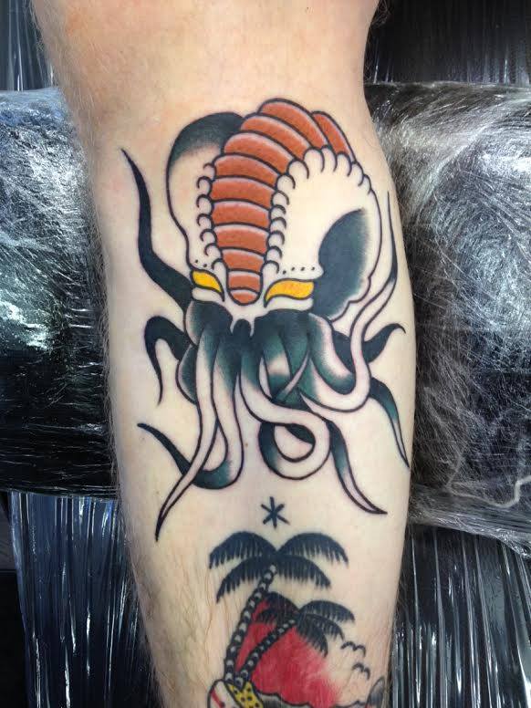 Traditional Octopus Tattoo On Leg Calf By Jay Thurley