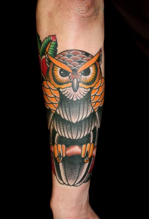 Traditional Owl Tattoo On Arm