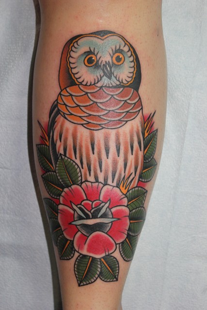 Traditional Owl With Flower Tattoo On Leg Calf
