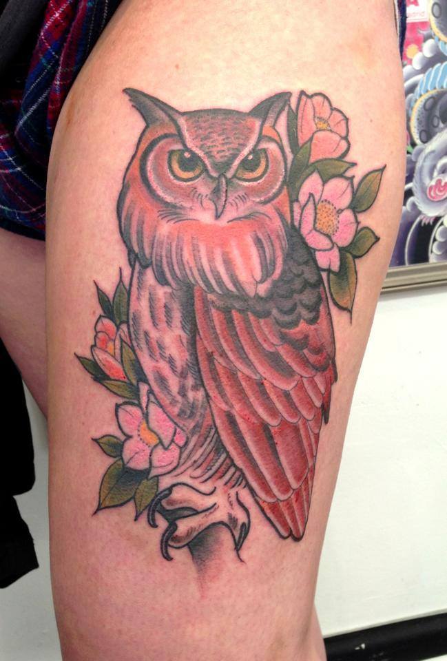 Traditional Owl With Flowers Tattoo On Left Thigh