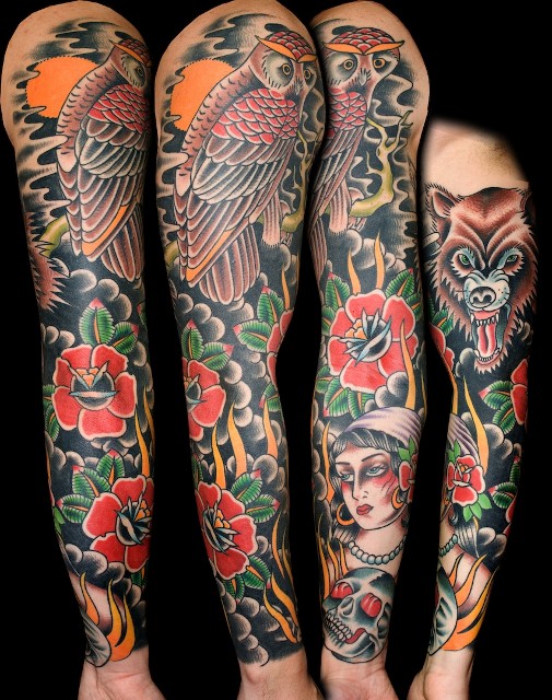 Traditional Owl With Roses And Women Face Tattoo On Full Sleeve