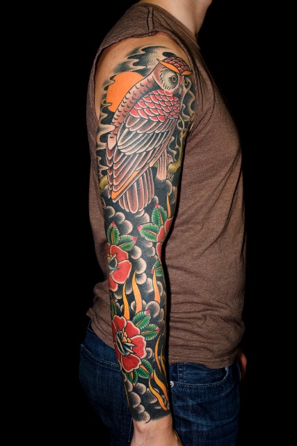Traditional Owl With Roses Tattoo On Right Full Sleeve