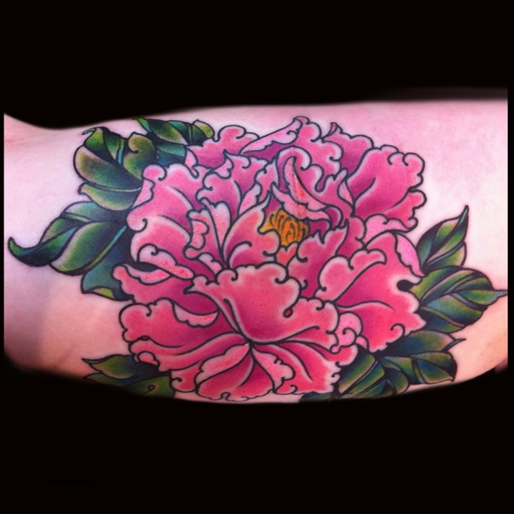 Traditional Peony Flower Tattoo On Bicep