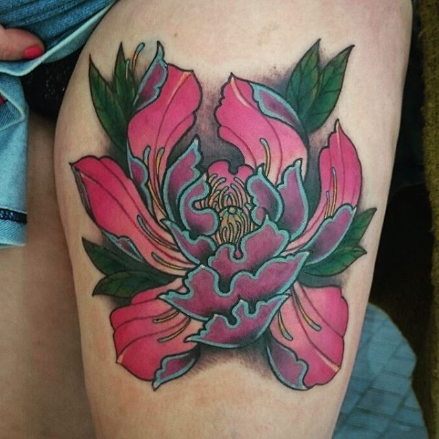Traditional Peony Flower Tattoo On Left Thigh
