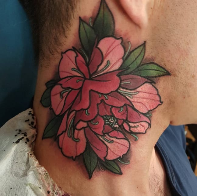 Traditional Peony Flower Tattoo On Man Right Side Neck