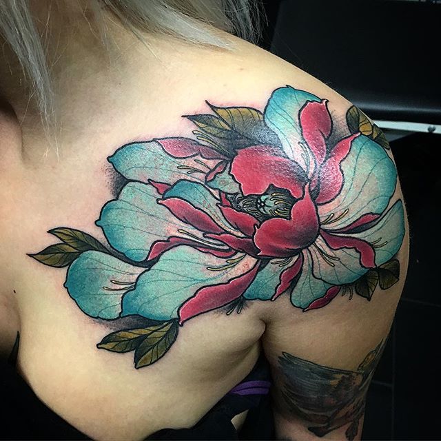 Traditional Peony Flower Tattoo On Women Left Front Shoulder