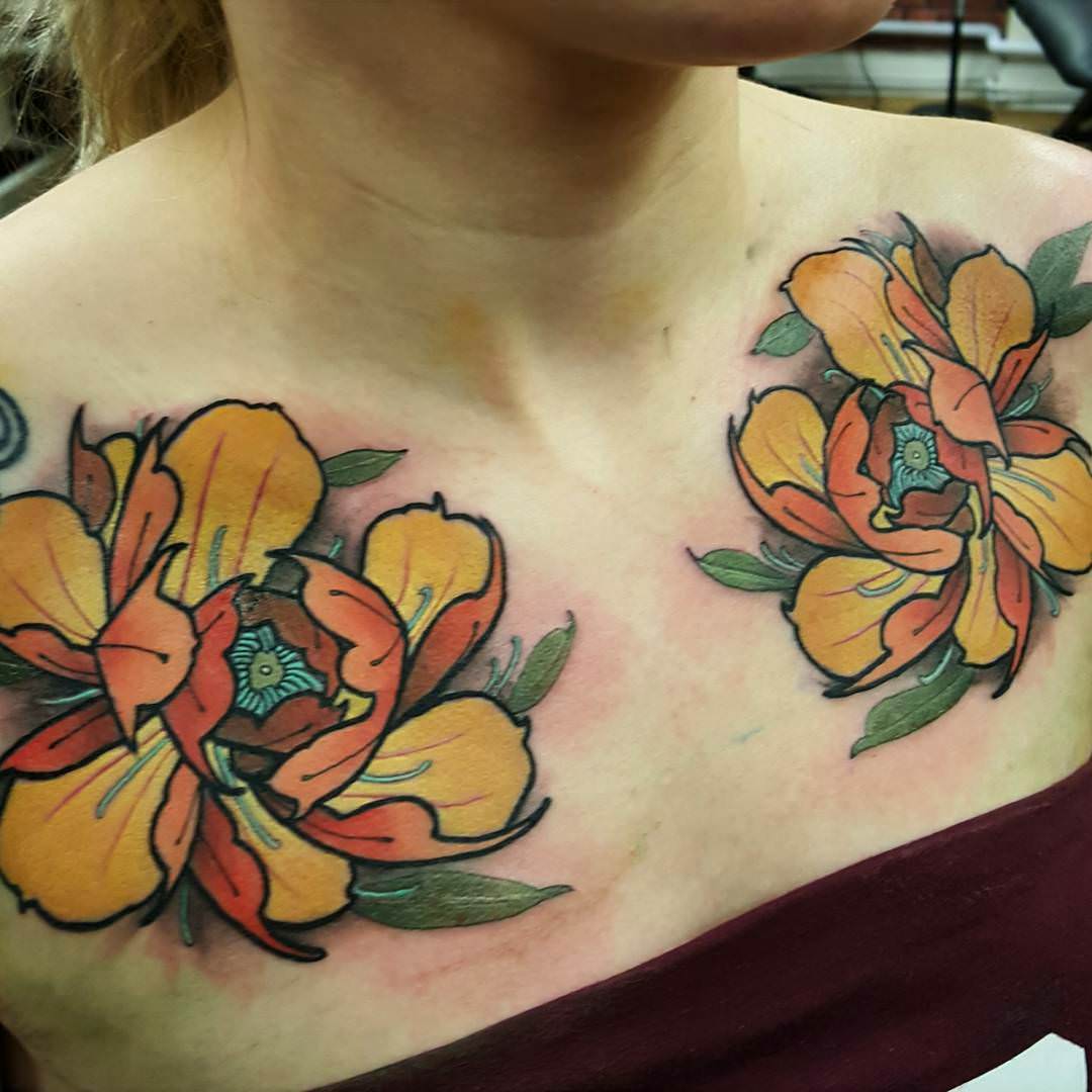 Traditional Peony Flowers Tattoo On Girl Collarbone