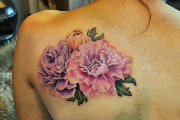 Traditional Peony Flowers Tattoo On Left Back Shoulder