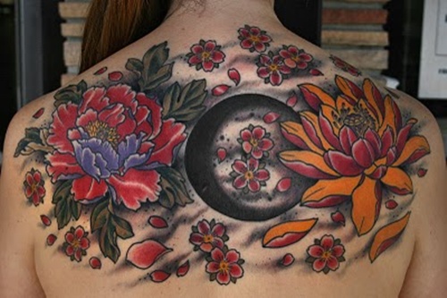 Traditional Peony Flowers Tattoo On Women Upper Back