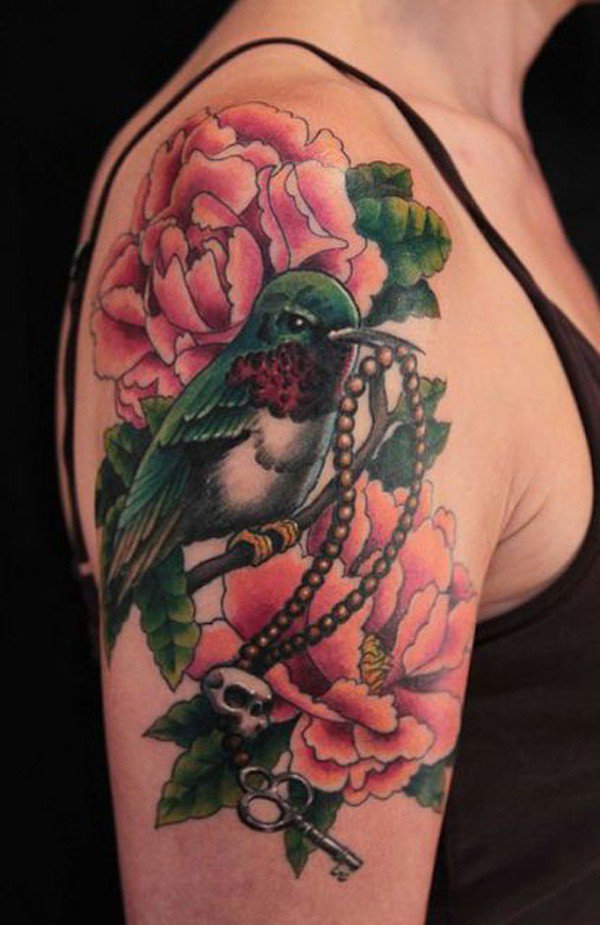 Traditional Peony Flowers With Bird Tattoo On Right Half Sleeve