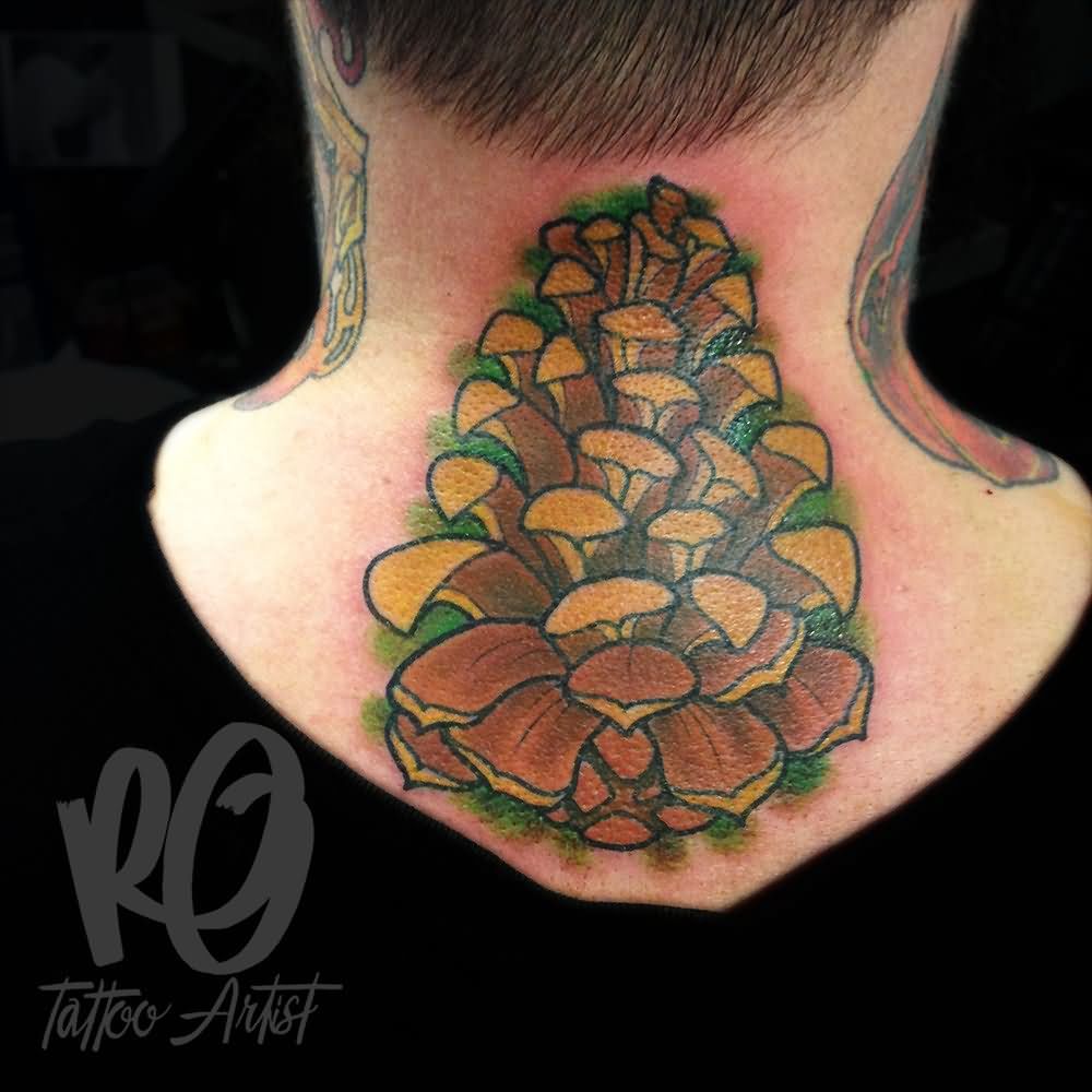 Traditional Pine Cone Tattoo On Man Back Neck
