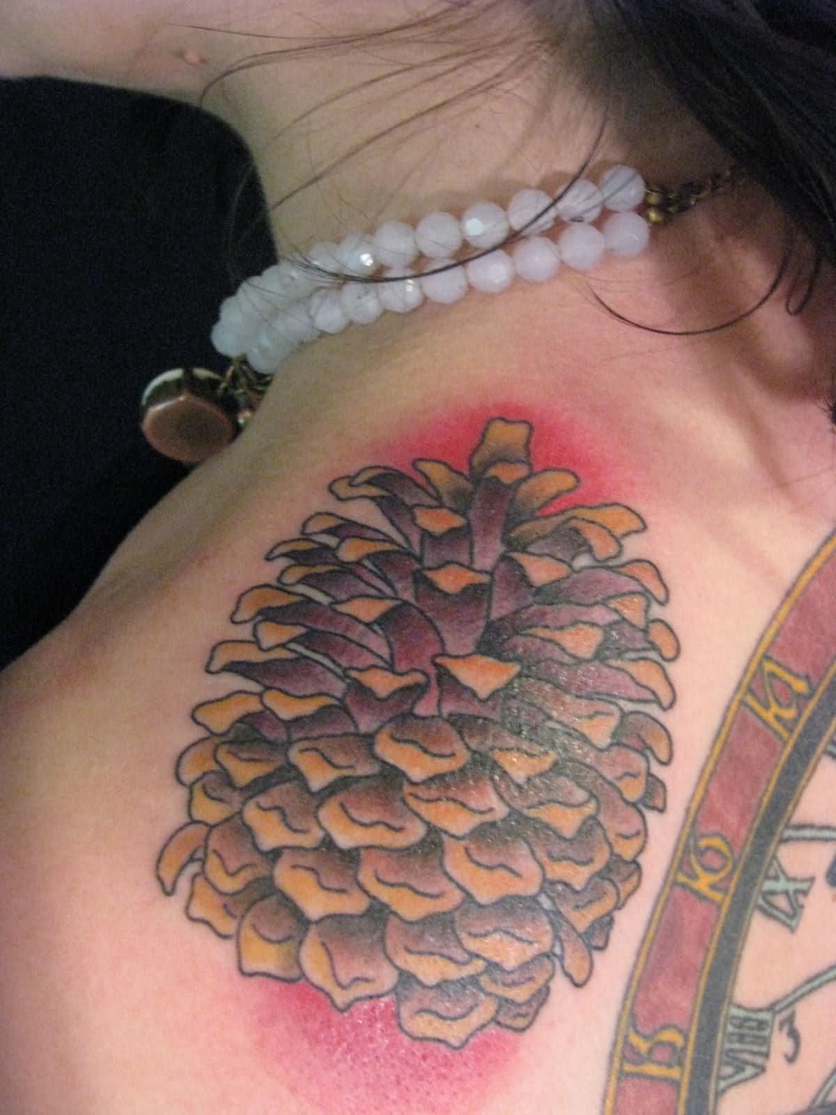 Traditional Pine Cone Tattoo On Women Left Shoulder