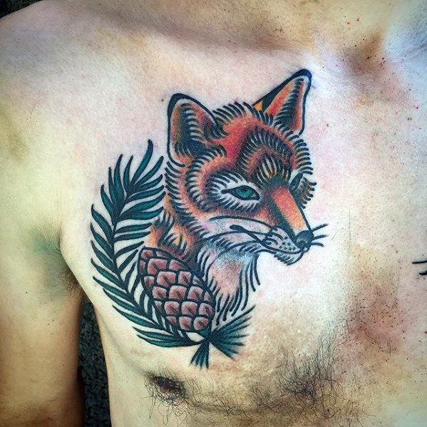 Traditional Pine Cone With Fox Tattoo On Man Right Chest