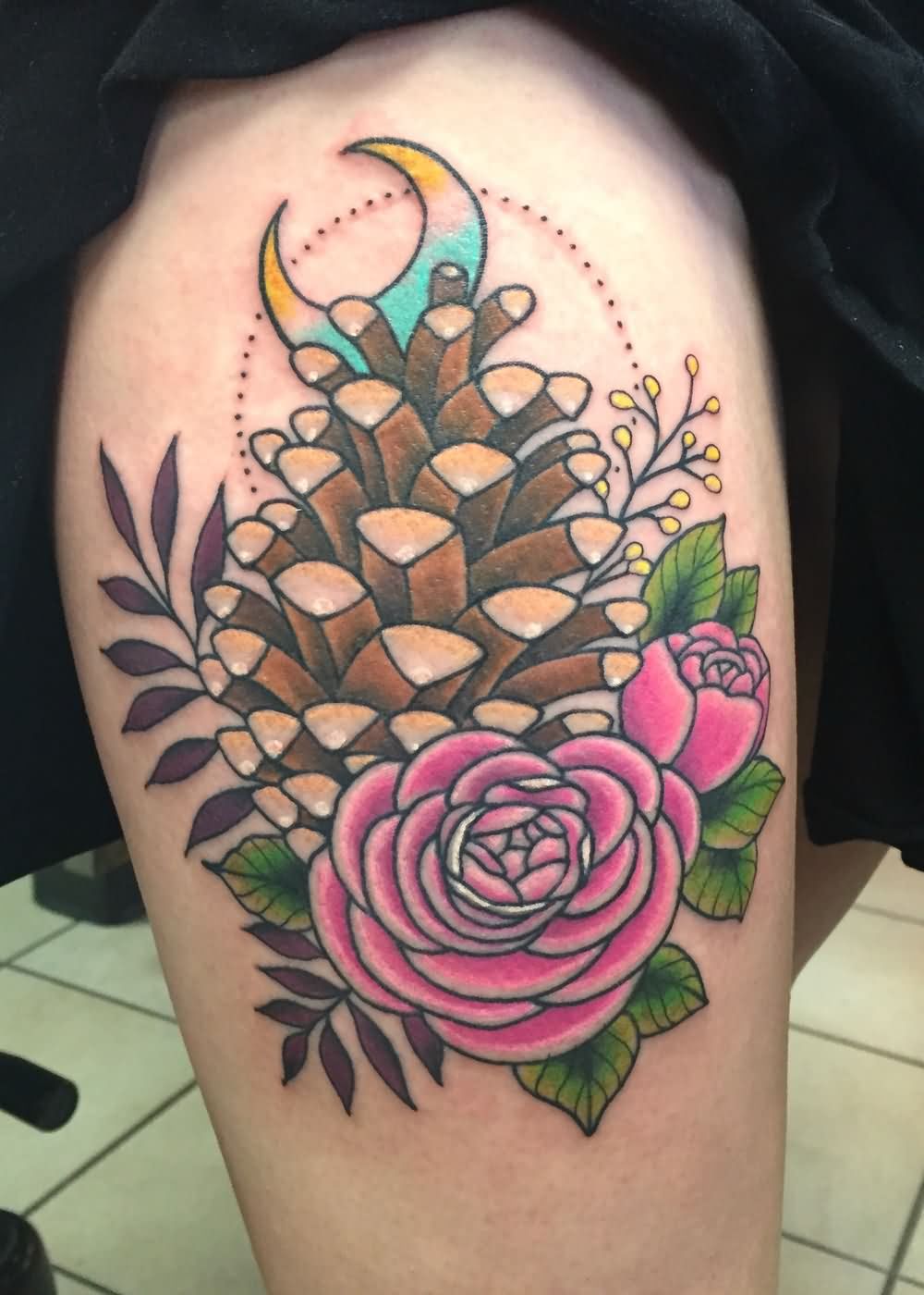 Traditional Pine Cone With Roses Tattoo Design For Thigh