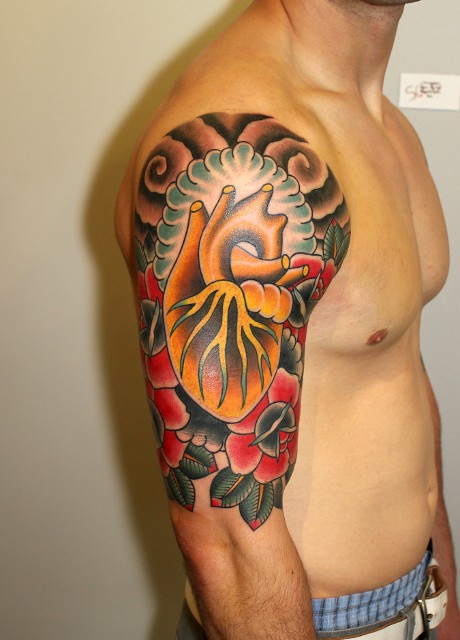 Traditional Real Heart With Roses Tattoo On Right Half Sleeve By Myke Chambers