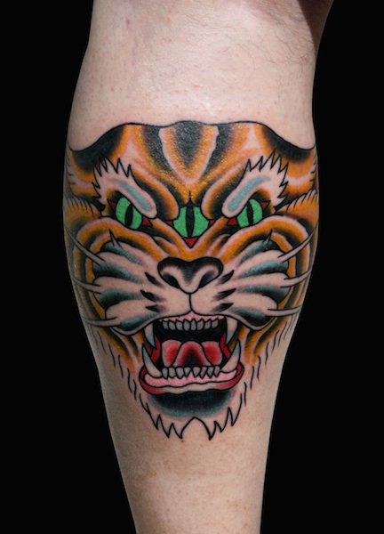 Traditional Roaring Tiger Head Tattoo On Leg Calf By Myke Chambers